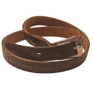 Vintage Leather Tooled Skinny Belt XS-S Basket Weave Western Pattern Black